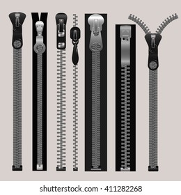 Vector zippers, fastener vector set. Fashion fastener, zippers for cloth, zipper metal, connection zippers illustration