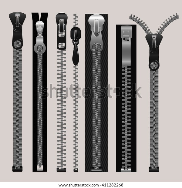 Vector\
zippers, fastener vector set. Fashion fastener, zippers for cloth,\
zipper metal, connection zippers\
illustration