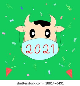 Vector - Zodiac of 2021. Cartoon cow (ox) wearing face mask on green party background. Happy new year. Time to celebrate. Healthcare, Holiday concept.