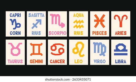 Vector zodiac calendar with hand-drawn zodiac signs in Matisse-inspired floral and abstract naive style, featuring bold shapes, groovy cutouts and decorative botanical details