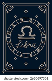 Cartão zodíaco vetorial com símbolo de Libra e roda astrológica sobre fundo escuro. Conceito de astrologia mística que representa as características de harmonia, equilíbrio e sinalização aérea
