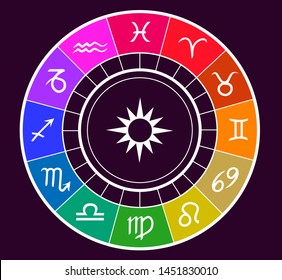 Vector Zodiac circle. Bright colorful rainbow signs and sun on dark background