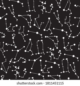 Vector zodiac constellation signs with star seamless pattern background on black surface