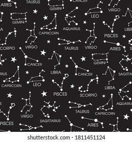 Vector zodiac constellation signs with star seamless pattern background on black surface