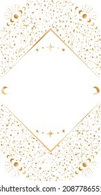 Vector zodiac constellations background with copy space. Shiny golden elegant frame with moon phases border, stars and place for text on a white. Celestial card template for stories and web banners