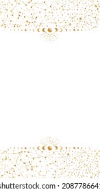 Vector zodiac constellations background with copy space. Shiny golden elegant frame with moon phases border, stars and place for text on a white. Celestial card template for stories and web banners
