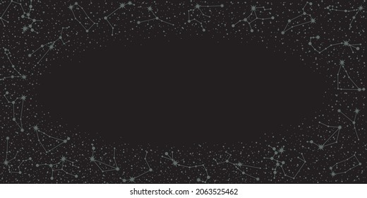 Vector zodiac constellations background with an oval copy space. Astrological celestial frame with horoscope star systems and place for text on a black backdrop