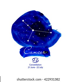 Vector Zodiac constellations Cancer. Illustration of night sky, space and stars.Vector watercolor design.Zodiac sign. Zodiac symbol.