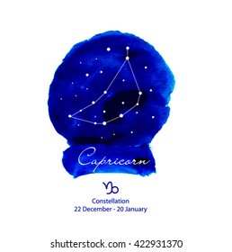 Vector Zodiac constellations Capricorn. Illustration of night sky, space and stars.Vector watercolor design.Zodiac sign. Zodiac symbol.