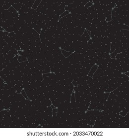 Vector Zodiac Constellations. Celestial Seamless Pattern. Stylized Astronomical Star Systems In Grey Color On A Black Background. Backdrop With Astrological Horoscope Signs