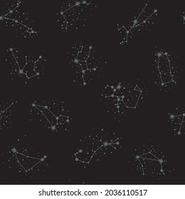 Vector zodiac constellations. Celestial seamless pattern. Stylized astronomical star systems in grey color on a black background. Backdrop with astrological horoscope signs