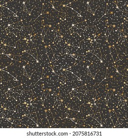 Vector zodiac constellations. Celestial seamless pattern. Stylized astronomical star systems in gold color on a black. Background with astrological horoscope signs for wrapping paper and fabric