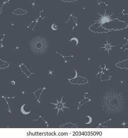 Vector zodiac constellations seamless pattern. Stylized astronomical star systems, moons, suns and clouds in blue color. Background with astrological horoscope signs