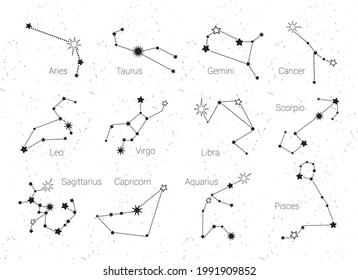 Conjunto de constelaciones de zodiaco vectorial de 12 signos: Aries, Taurus, Gemini, Cáncer, Leo, Virgo, Libra, Escorpio, Sagittarius, Capricornio, Aquarius y Pisces.