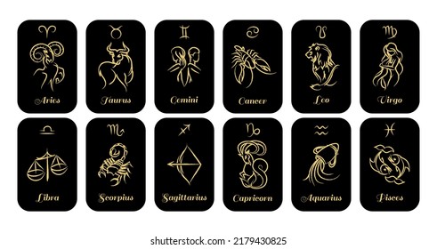 Vector Zodiac constellations and signs. Horoscope cards with constellation stars, decorative zodiac sketch symbols in gold on black background. Isolated vector illustration icons set