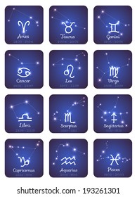 Vector Zodiac horoscope set with symbol, constellation, calendar - Libra, Pisces, Aquarius, Capricornus, Sagittarius, Scorpius, Taurus, Aries, Virgo, Leo, Cancer, Gemini