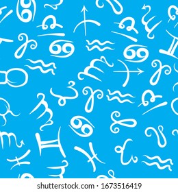 Vector Zodiac Icon Seamless Pattern Isolated on Blue Background. Astrological Symbols. Horoscope Elements.