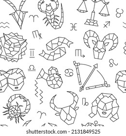 Vector Zodiac seamless pattern isolated on white background. Astrology pattern in black line style. Future prediction, horoscope web graphics.