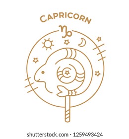 Vector zodiac sign Capricorn, logo,tattoo or illustration. Food horoscope for kids. 