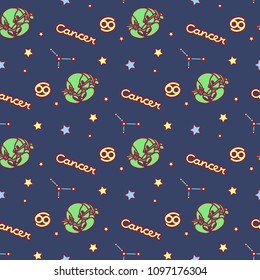 vector Zodiac sign cartoon seamless pattern. Constellation Cancer. Night starry sky. Astronomy, astrology horoscope simple set. Space texture. Funny background. Cute magic galaxy illustration 02