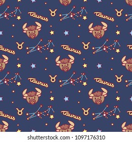 vector Zodiac sign cartoon seamless pattern. Constellation Taurus. Night starry sky. Astronomy, astrology horoscope simple set. Space texture. Funny background. Cute magic galaxy illustration 02