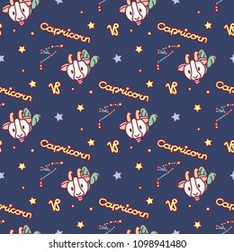 vector Zodiac sign cartoon seamless pattern. Constellation Capricorn. Night starry sky. Astronomy, astrology horoscope simple set. Space texture. Funny background. Cute magic galaxy illustration 02
