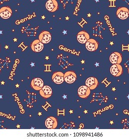 vector Zodiac sign cartoon seamless pattern. Constellation Gemini. Night starry sky. Astronomy, astrology horoscope simple set. Space texture. Funny background. Cute magic galaxy illustration 01