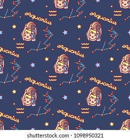 vector Zodiac sign cartoon seamless pattern. Constellation Aquarius. Night starry sky. Astronomy, astrology horoscope simple set. Space texture. Funny background. Cute magic galaxy illustration 02
