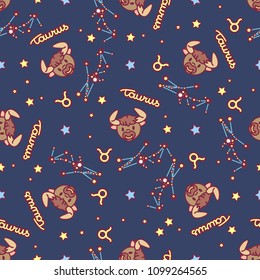 vector Zodiac sign cartoon seamless pattern. Constellation Taurus. Night starry sky. Astronomy, astrology horoscope simple set. Space texture. Funny background. Cute magic galaxy illustration 01