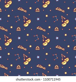 vector Zodiac sign cartoon seamless pattern. Constellation Libra. Night starry sky. Astronomy, astrology horoscope simple set. Space texture. Funny background. Cute magic galaxy illustration 02