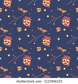 vector Zodiac sign cartoon seamless pattern. Constellation Virgo. Night starry sky. Astronomy, astrology horoscope simple set. Space texture. Funny background. Cute magic galaxy illustration 02