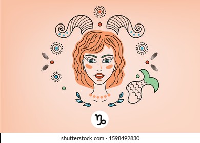 Vector zodiac sign constellations. Capricorn, logo, tattoo or illustration. Girl with horns and a fish tail with fantasy ornament in fairy style.