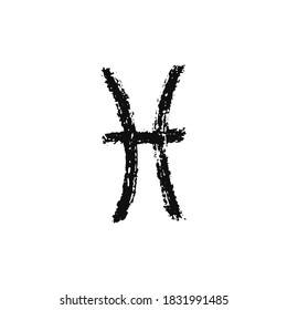 Vector zodiac sign. Pisces handdrawing by paint brush. Horoscope isolated logo for 2021. Black illustration 