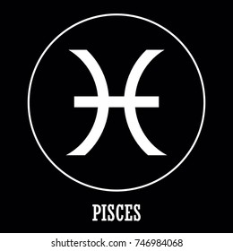Vector. Zodiac sign Pisces on black background. Detailed stylish icon for cards. Modern style drawing. Glowing lines and points. Constellation with title. Simple geometric style