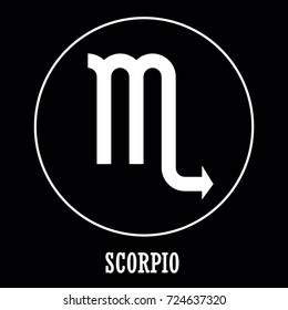 Vector. Zodiac sign Scorpio on black background. Detailed stylish icon for cards. Modern style drawing. Glowing lines and points. Constellation with title. Simple geometric style