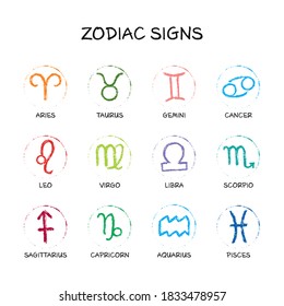 Vector zodiac sign set. Unique logo handdrawing by paint brush. Horoscope isolated symbol for 2021. Black illustration 