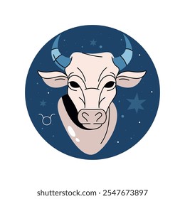 Espacio Iniciar sesión del zodiaco del Vector. Símbolo de Tauro en el cielo nocturno. Constelación de toro, calcomanía del horóscopo. Logotipo celestial o cartel de mitología. Astronomía y astrología Imagen. Elemento de calendario místico. Tarjeta del Tarot.