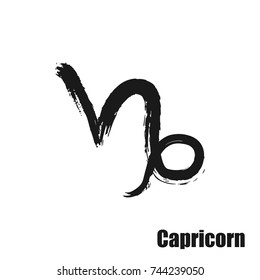Vector zodiac sign with text. Hand drawn calligraphic horoscope icon. Ink brush capricorn symbol