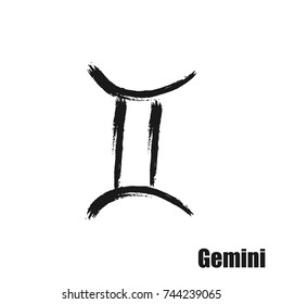 Vector zodiac sign with text. Hand drawn calligraphic horoscope icon. Ink brush gemini symbol