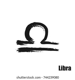 Vector zodiac sign with text. Hand drawn calligraphic horoscope icon. Ink brush libra symbol