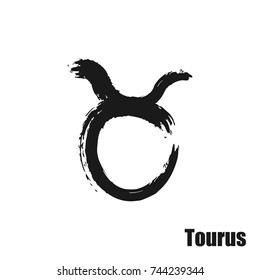 Vector zodiac sign with text. Hand drawn calligraphic horoscope icon. Ink brush tourus symbol