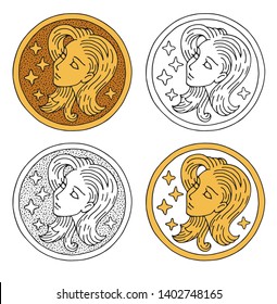 Vector zodiac sign Virgo. Hand-drawn zodiac sign in the shape of a circle. Virgo in the form of a medallion, pendant. Coin, pendant, coinage design. Horoscope