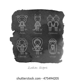 vector zodiac signs Aries, Taurus, Gemini, Cancer, Leo, Virgo and black watercolor background