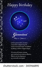 Vector zodiac signs birthday card. Astrological horoscope, constellation. Space and Stars. Gemini