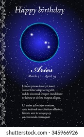 Vector zodiac signs birthday card. Astrological horoscope, constellation. Space and Stars. Aries