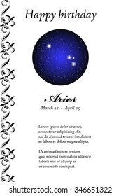 Vector zodiac signs birthday card. Astrological horoscope, constellation. Space and Stars.