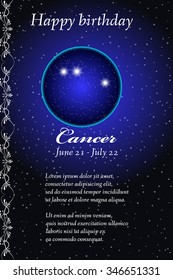 Vector zodiac signs birthday card. Astrological horoscope, constellation. Space and Stars.