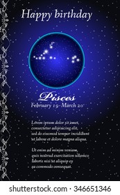 Vector zodiac signs birthday card. Astrological horoscope, constellation. Space and Stars.