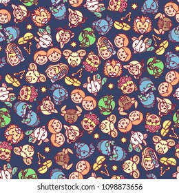 vector Zodiac signs cartoon seamless pattern. Constellations. Night starry sky. Astronomy, astrology horoscope simple set. Space texture. Funny background. Cute magic galaxy illustration 01