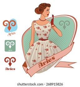 Vector zodiac signs set for horoscope with retro girls and flat icons collection. Aries